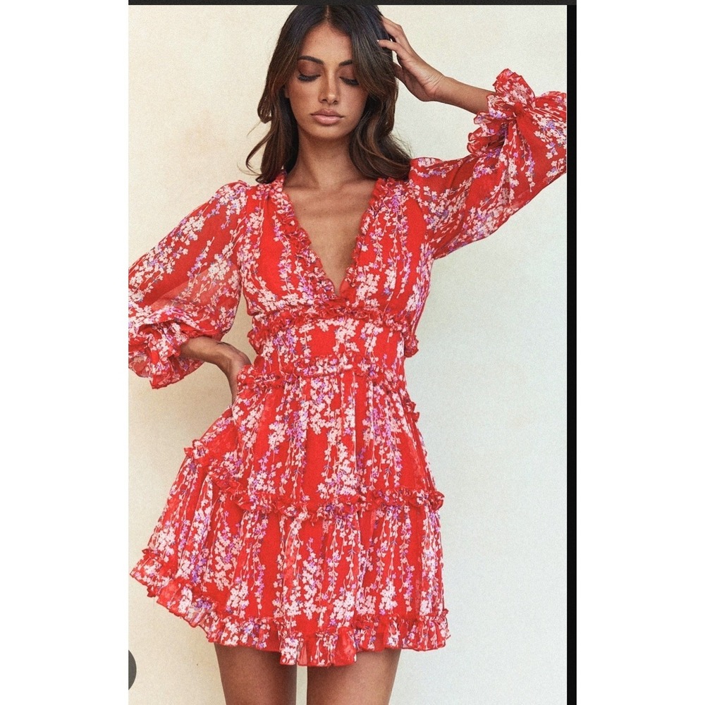 Tiered Ruffle Deep V Chiffon Saints + Secrets Mini Dress Open Back Red Floral  M